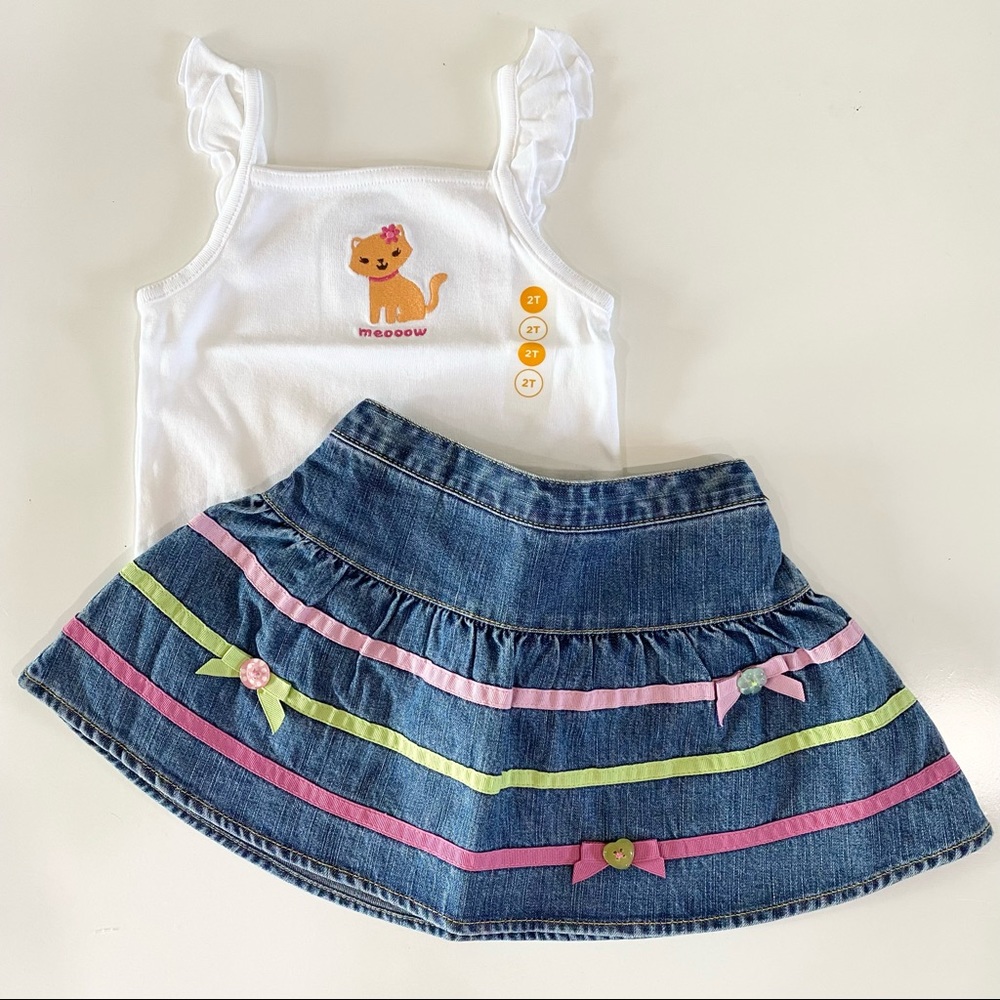 NWT Gymboree Girls 2T Bundle Kitty Tank Top Denim Skirt Outfit Set Bloomers New